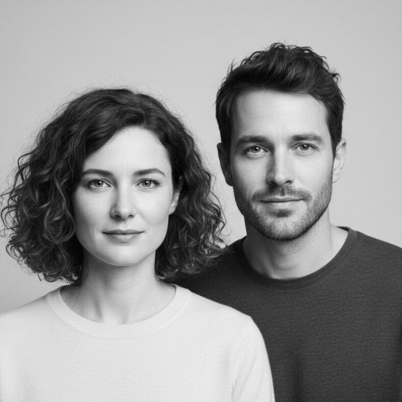 Foto en blanco y negro de los novios mirando hacia la cámara